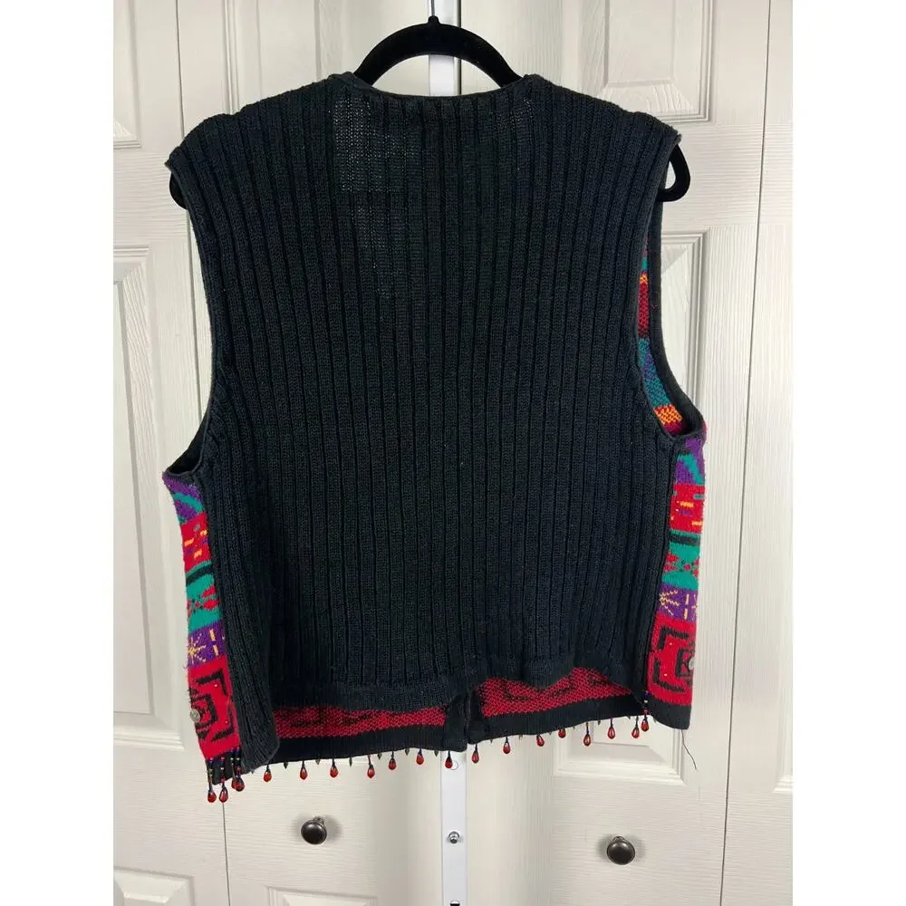 90s Carole Little Beaded Fringe Sweater Vest Colorful‎ Boho Festival L